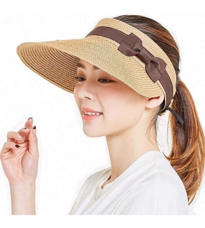 Sun Hats Women's Summer Foldable Straw Sun Visor w/Cute Bowtie UPF 50+ Packable Wide Brim Roll-Up Visor Beach Hat - C018RN64U...