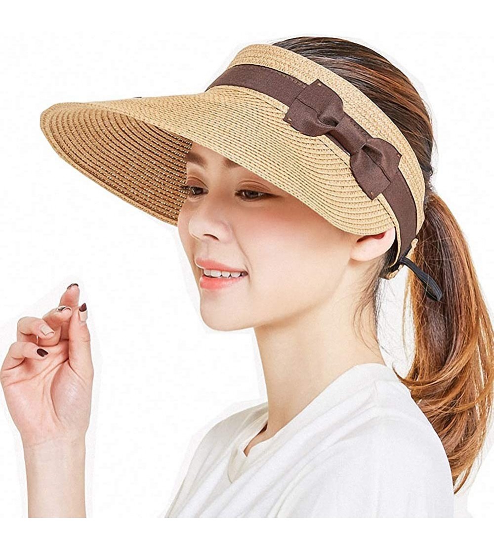 Sun Hats Women's Summer Foldable Straw Sun Visor w/Cute Bowtie UPF 50+ Packable Wide Brim Roll-Up Visor Beach Hat - C018RN64U...