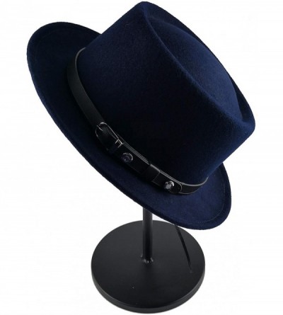 Fedoras Pork Pie Hat 100% Wool Felt Women's/Men's Porkpie Breaking Bad Hats Flat Top Women/Men Fedora - Dark Navy - CJ194L4UR...