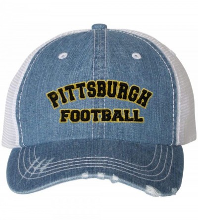 Baseball Caps Adult City of Pittsburgh Pennsylvania Football Embroidered Distressed Trucker Cap - Blue Denim/ White - C218HZ3...