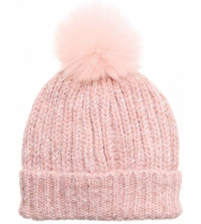 Skullies & Beanies Women's Soft Chunky Scattered Sequin Fuzzy Cable Knit Faux Pom Pom Beanie hat with Sherpa Lined - Pink - C...