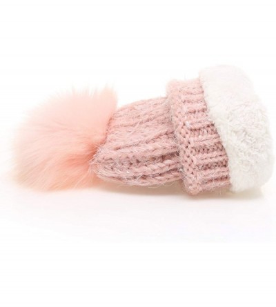 Skullies & Beanies Women's Soft Chunky Scattered Sequin Fuzzy Cable Knit Faux Pom Pom Beanie hat with Sherpa Lined - Pink - C...