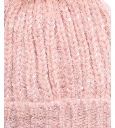 Skullies & Beanies Women's Soft Chunky Scattered Sequin Fuzzy Cable Knit Faux Pom Pom Beanie hat with Sherpa Lined - Pink - C...