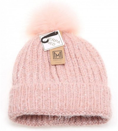 Skullies & Beanies Women's Soft Chunky Scattered Sequin Fuzzy Cable Knit Faux Pom Pom Beanie hat with Sherpa Lined - Pink - C...