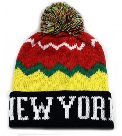 Skullies & Beanies Zig Zag Pattern New York Pom Pom Knit Hat - Jamaica - CK11OQ8EEQF $14.41