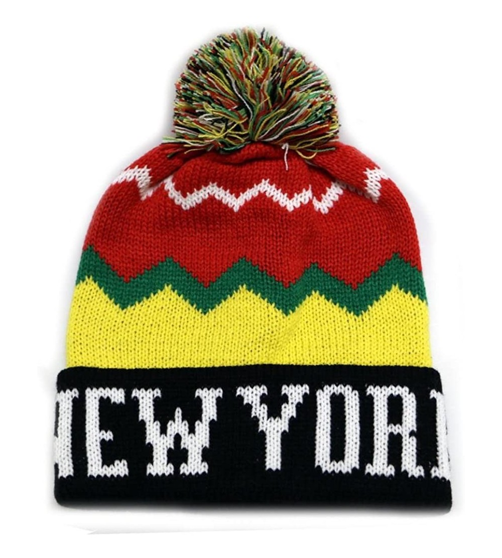 Skullies & Beanies Zig Zag Pattern New York Pom Pom Knit Hat - Jamaica - CK11OQ8EEQF $14.41