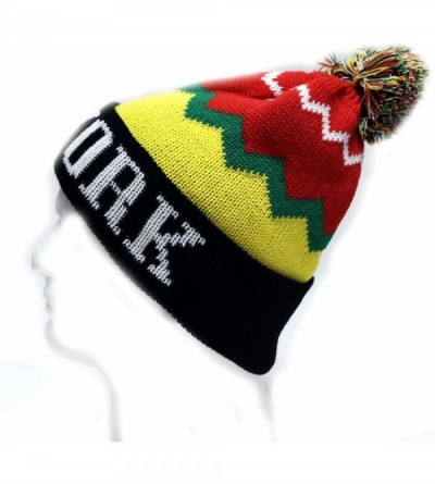 Skullies & Beanies Zig Zag Pattern New York Pom Pom Knit Hat - Jamaica - CK11OQ8EEQF $14.41