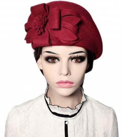 Fedoras Womens Elegant Double Flower 100% Wool Pillbox Hat Fascinator Hat Beanie Hat - Floral Wine Red - C518G7RX4MH $35.06