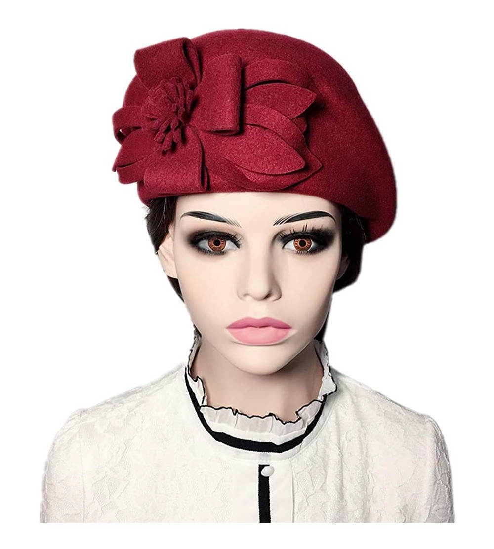 Fedoras Womens Elegant Double Flower 100% Wool Pillbox Hat Fascinator Hat Beanie Hat - Floral Wine Red - C518G7RX4MH $18.67