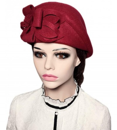 Fedoras Womens Elegant Double Flower 100% Wool Pillbox Hat Fascinator Hat Beanie Hat - Floral Wine Red - C518G7RX4MH $18.67