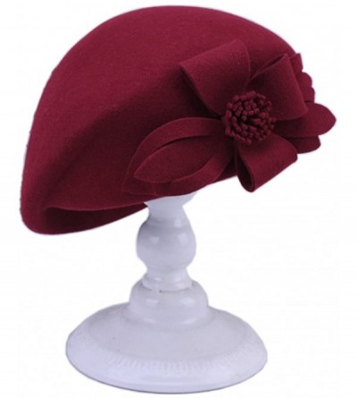 Fedoras Womens Elegant Double Flower 100% Wool Pillbox Hat Fascinator Hat Beanie Hat - Floral Wine Red - C518G7RX4MH $18.67