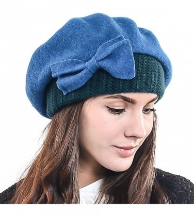 Berets Lady French Beret Wool Beret Chic Beanie Winter Hat Jf-br034 - Bow Turquoise - CR128FLGMO5 $13.66