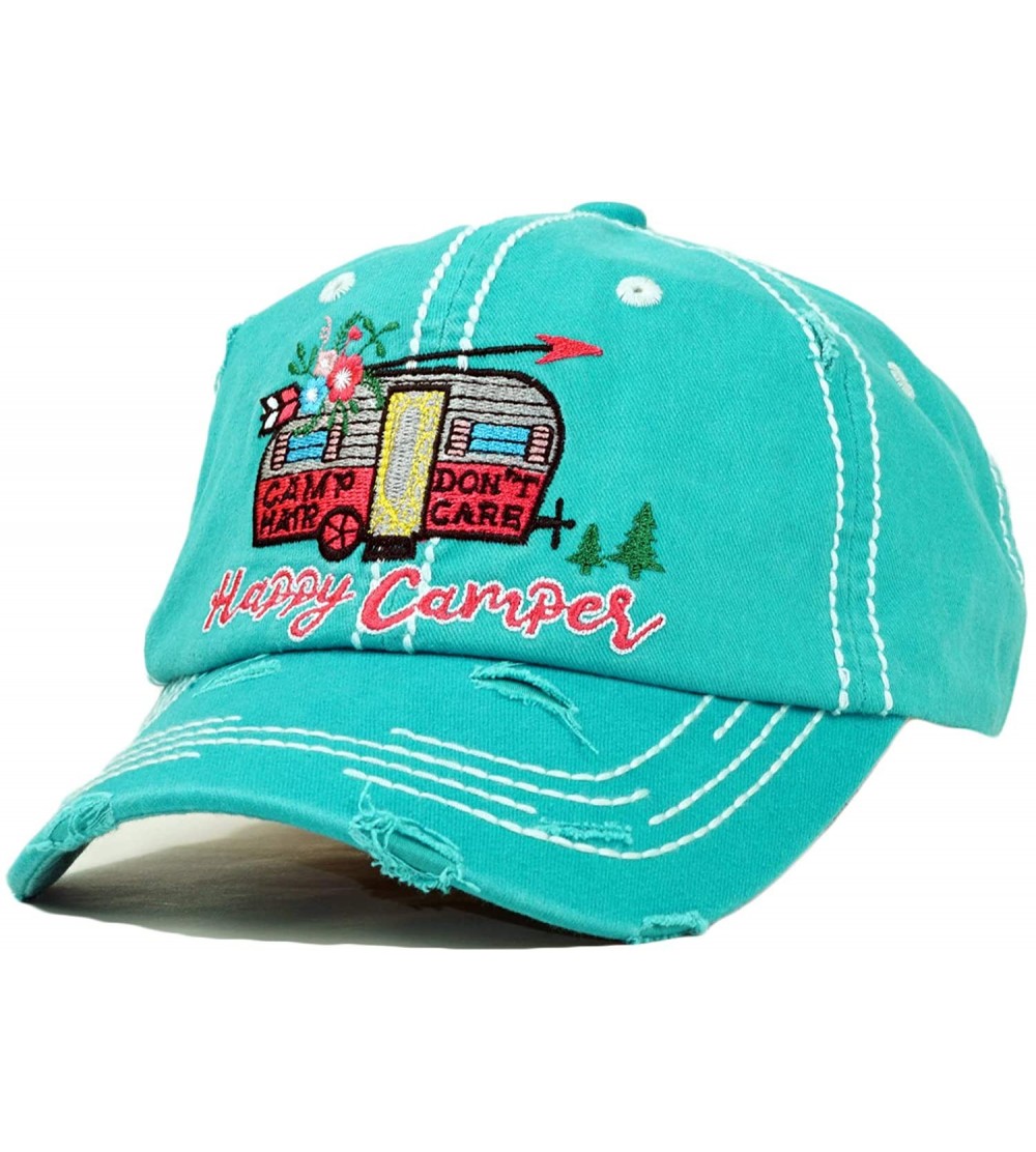 Baseball Caps Vintage Ball Caps for Women Mama Bear Dog Mom Washed Cap - Happy Camper- Turquoise - CH18ZYER3OR $14.08