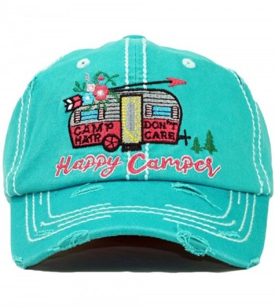 Baseball Caps Vintage Ball Caps for Women Mama Bear Dog Mom Washed Cap - Happy Camper- Turquoise - CH18ZYER3OR $14.08