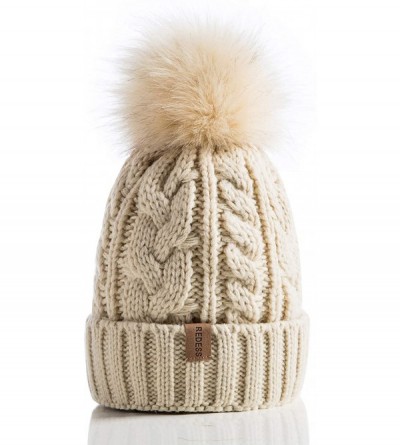 Skullies & Beanies Women Winter Pompom Beanie Hat with Warm Fleece Lined- Thick Slouchy Snow Knit Skull Ski Cap - 1 Beige. - ...