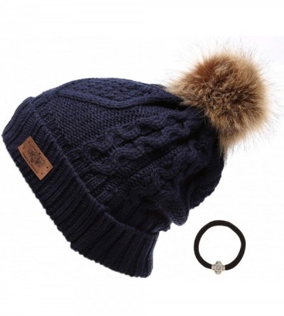 Skullies & Beanies Women's Winter Fleece Lined Cable Knitted Pom Pom Beanie Hat with Hair Tie. - Navy Blue - CJ12MXV3YKP $11.78