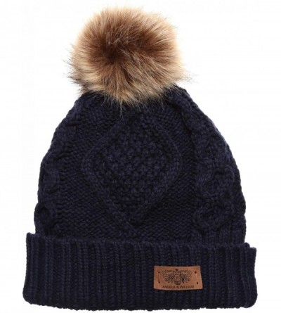 Skullies & Beanies Women's Winter Fleece Lined Cable Knitted Pom Pom Beanie Hat with Hair Tie. - Navy Blue - CJ12MXV3YKP $11.78