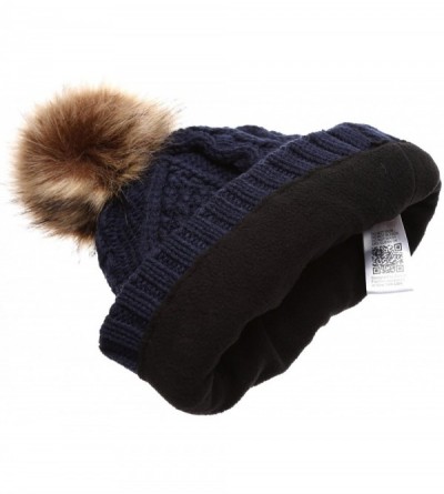 Skullies & Beanies Women's Winter Fleece Lined Cable Knitted Pom Pom Beanie Hat with Hair Tie. - Navy Blue - CJ12MXV3YKP $11.78