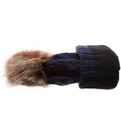 Skullies & Beanies Women's Winter Fleece Lined Cable Knitted Pom Pom Beanie Hat with Hair Tie. - Navy Blue - CJ12MXV3YKP $11.78