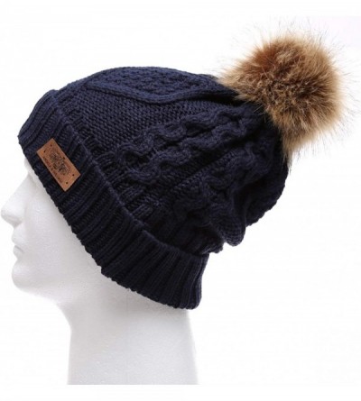 Skullies & Beanies Women's Winter Fleece Lined Cable Knitted Pom Pom Beanie Hat with Hair Tie. - Navy Blue - CJ12MXV3YKP $11.78