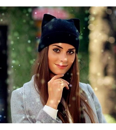 Skullies & Beanies Women Cat Ear Beanie Hat Wool Braided Knit Trendy Winter Warm Cap - Black+black - C318A9OKDM4 $14.59