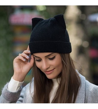 Skullies & Beanies Women Cat Ear Beanie Hat Wool Braided Knit Trendy Winter Warm Cap - Black+black - C318A9OKDM4 $14.59