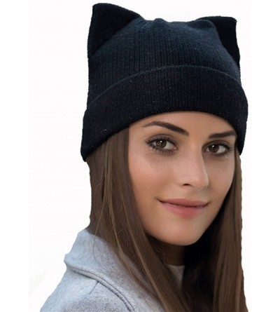 Skullies & Beanies Women Cat Ear Beanie Hat Wool Braided Knit Trendy Winter Warm Cap - Black+black - C318A9OKDM4 $14.59