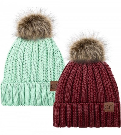 Skullies & Beanies Thick Cable Knit Hat Faux Fur Pom Fleece Lined Cap Cuff Beanie 2 Pack - Burgundy/Mint - C01924MQGD8 $49.01