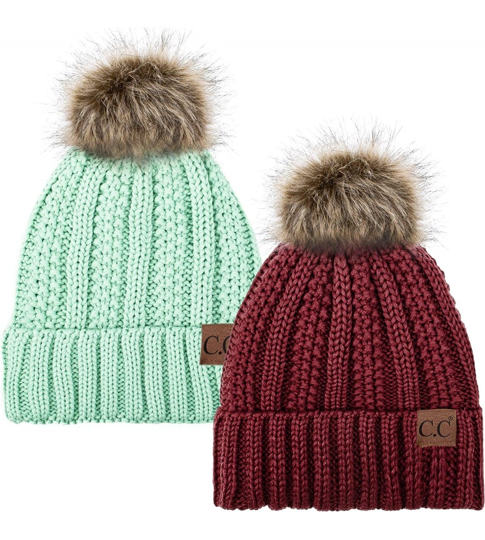 Skullies & Beanies Thick Cable Knit Hat Faux Fur Pom Fleece Lined Cap Cuff Beanie 2 Pack - Burgundy/Mint - C01924MQGD8 $25.80