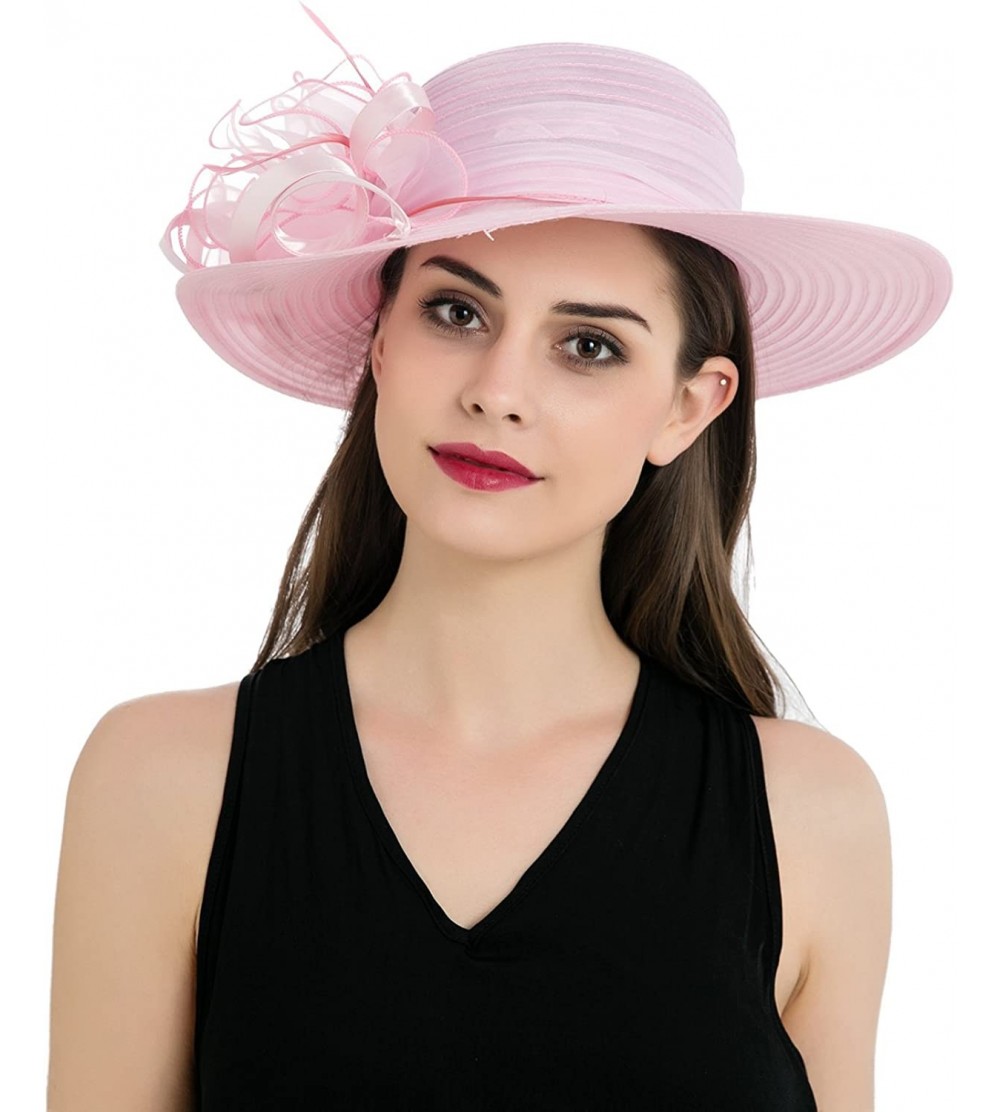 Sun Hats Women's Organza Wide Brim Floral Ribbon Kentucky Derby Church Dress Sun Hat - Pink - CT17Y0KHA7U $19.79