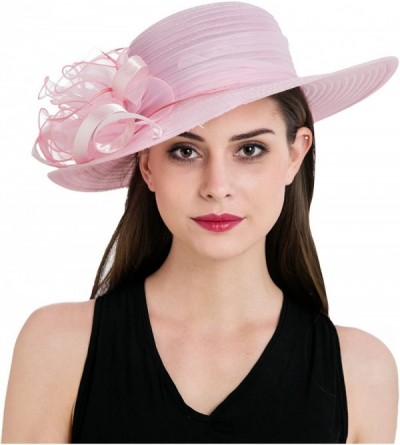 Sun Hats Women's Organza Wide Brim Floral Ribbon Kentucky Derby Church Dress Sun Hat - Pink - CT17Y0KHA7U $19.79