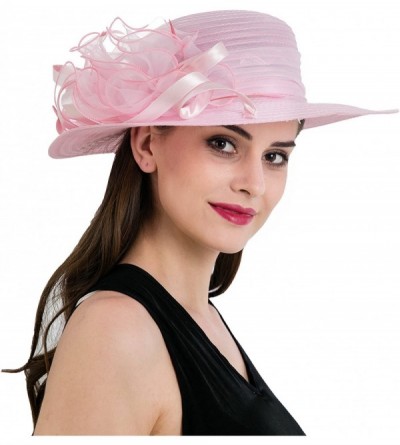 Sun Hats Women's Organza Wide Brim Floral Ribbon Kentucky Derby Church Dress Sun Hat - Pink - CT17Y0KHA7U $19.79