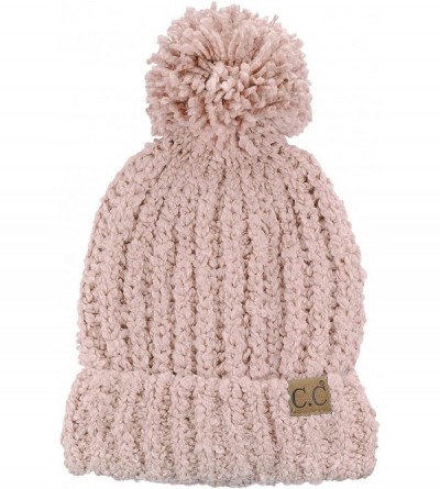 Skullies & Beanies Women's Chenille Soft Stretchy Pom Cuffed Knit Beanie Cap Hat - Indi Pink - CA18IQH4EQG $12.57