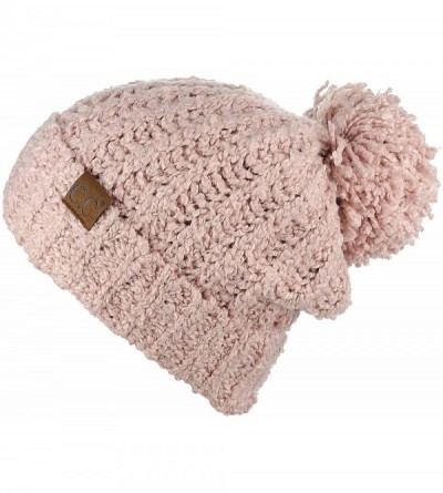 Skullies & Beanies Women's Chenille Soft Stretchy Pom Cuffed Knit Beanie Cap Hat - Indi Pink - CA18IQH4EQG $12.57