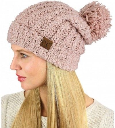 Skullies & Beanies Women's Chenille Soft Stretchy Pom Cuffed Knit Beanie Cap Hat - Indi Pink - CA18IQH4EQG $12.57