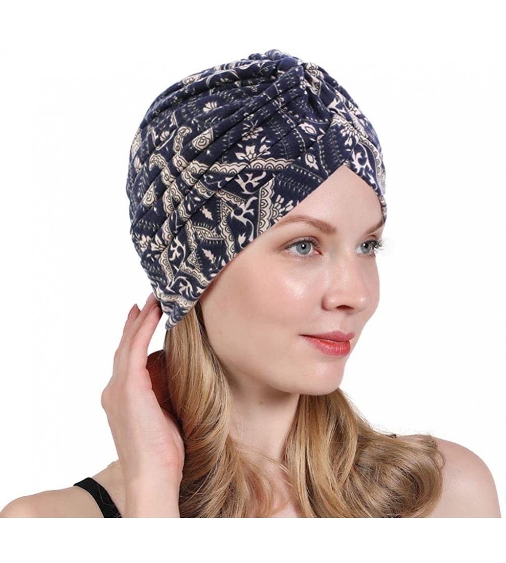 Skullies & Beanies New Women's Cotton Turban Flower Prints Beanie Head Wrap Chemo Cap Hair Loss Hat Sleep Cap - Navy 02 - CZ1...