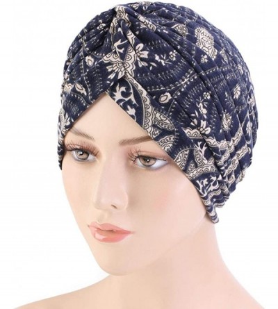 Skullies & Beanies New Women's Cotton Turban Flower Prints Beanie Head Wrap Chemo Cap Hair Loss Hat Sleep Cap - Navy 02 - CZ1...