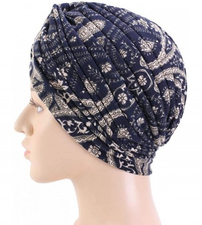Skullies & Beanies New Women's Cotton Turban Flower Prints Beanie Head Wrap Chemo Cap Hair Loss Hat Sleep Cap - Navy 02 - CZ1...