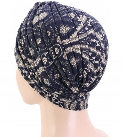 Skullies & Beanies New Women's Cotton Turban Flower Prints Beanie Head Wrap Chemo Cap Hair Loss Hat Sleep Cap - Navy 02 - CZ1...