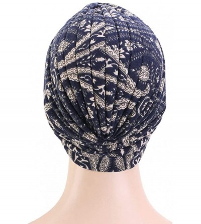 Skullies & Beanies New Women's Cotton Turban Flower Prints Beanie Head Wrap Chemo Cap Hair Loss Hat Sleep Cap - Navy 02 - CZ1...