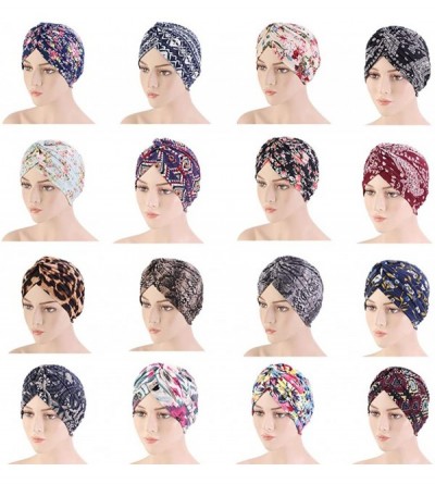 Skullies & Beanies New Women's Cotton Turban Flower Prints Beanie Head Wrap Chemo Cap Hair Loss Hat Sleep Cap - Navy 02 - CZ1...