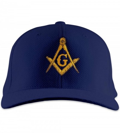 Baseball Caps Gold Square & Compass Embroidered Masonic Flexfit Adult Cool & Dry Piqué Mesh Hat - Navy - C711S4LN551 $48.08