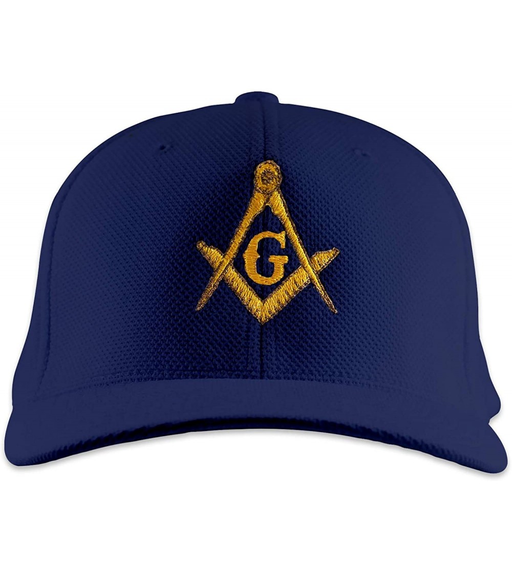 Baseball Caps Gold Square & Compass Embroidered Masonic Flexfit Adult Cool & Dry Piqué Mesh Hat - Navy - C711S4LN551 $19.90