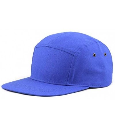 Baseball Caps Made in USA Cotton Twill 5 Panel Flat Brim Genuine Leather Brass Biker Board Cap - Royal - CH12F1LSGMX $12.65