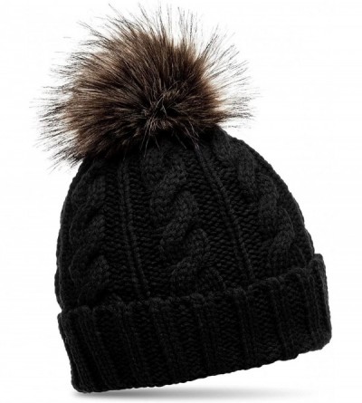 Skullies & Beanies Womens Winter Knitted Beanie Fleece Inner Lining Large Fur Bobble - MU104 - Black - CG11OF18Q8F $24.33