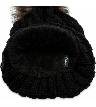 Skullies & Beanies Womens Winter Knitted Beanie Fleece Inner Lining Large Fur Bobble - MU104 - Black - CG11OF18Q8F $24.33