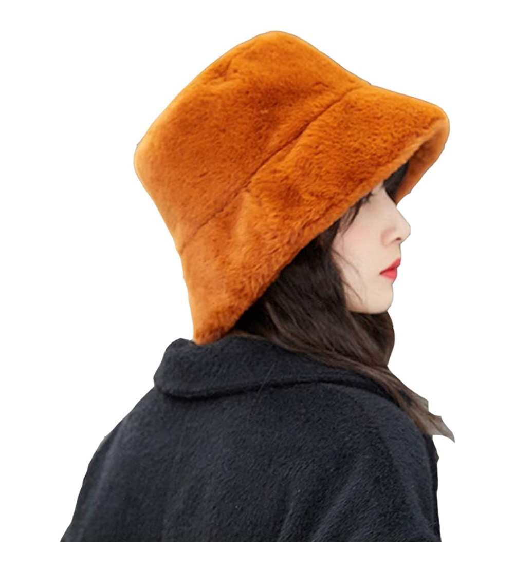 Bucket Hats Women Faux Fur Bucket Cap Bush Hat Wide Brim Fluffy Winter Vintage Super Soft Hat - Brown - CU192SZS8UQ $15.50