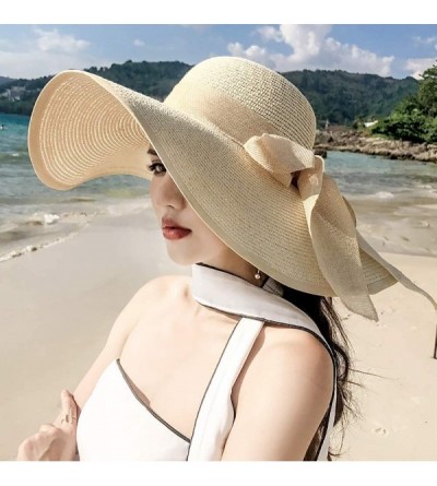 Sun Hats Straw Hat Sun Hat Foldable Roll up Beach Cap Big Bowknot Cap UPF 50+ - Beige - CD18TG6M5ED $15.40