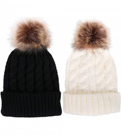 Skullies & Beanies Women's Winter Soft Chunky Cable Knit Pom Pom Beanie Hats Skull Ski Cap - 2pack_black/White - CF188AS8827 ...