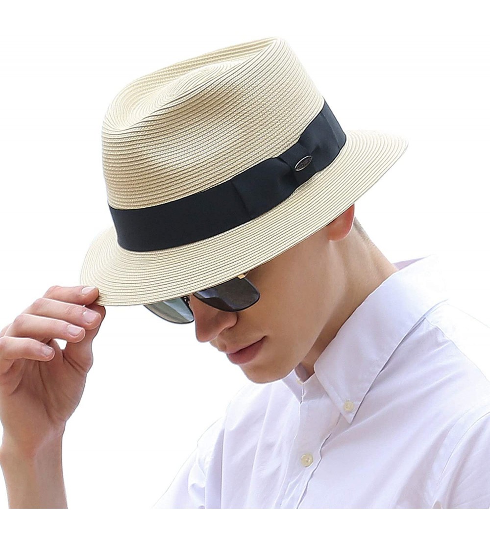 Fedoras Men's Straw Fedora Hats Short Brim Summer Trilby Sun Hat - Natural - CG18NZZLEDN $17.18